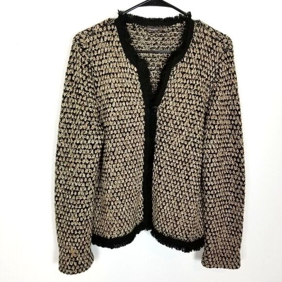 J. McLaughlin Women Wool Blend Chunky Metallic Knit Fringe Blazer Sz L Black Tan - Picture 1 of 4